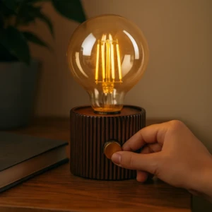 Lámpara recargable estilo Edison con base de madera oscura y botón lateral, encendida sobre mesa de madera.