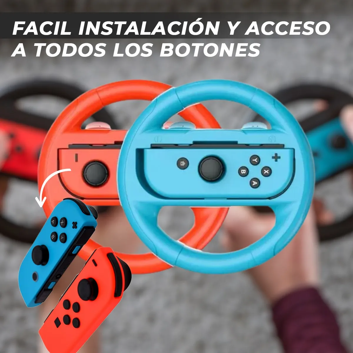 Volante ergonómico para Nintendo Switch en azul y naranja, con controles integrados y joysticks extra, diseñado para mejorar la precisión en juegos de carreras.