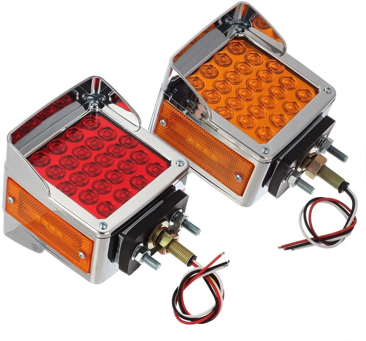 Dos semáforos LED para camiones, uno rojo y otro naranja, con carcasa cromada y luces de barrido, visibilidad y seguridad en carretera.