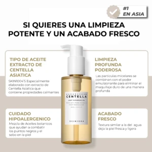 Aceite limpiador facial con Centella Asiática en botella transparente con bomba blanca, etiqueta clara y fondo neutro. Ideal para pieles sensibles.