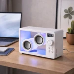 Altavoz portátil blanco con carcasa acrílica transparente, mostrando drivers internos iluminados en azul. Incluye controles táctiles y pantalla digital. Sobre mesa de madera, junto a laptop y maceta.