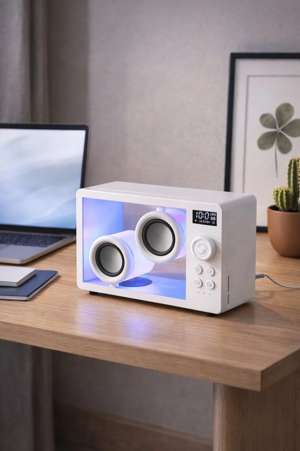 Altavoz portátil blanco con carcasa acrílica transparente, mostrando drivers internos iluminados en azul. Incluye controles táctiles y pantalla digital. Sobre mesa de madera, junto a laptop y maceta.