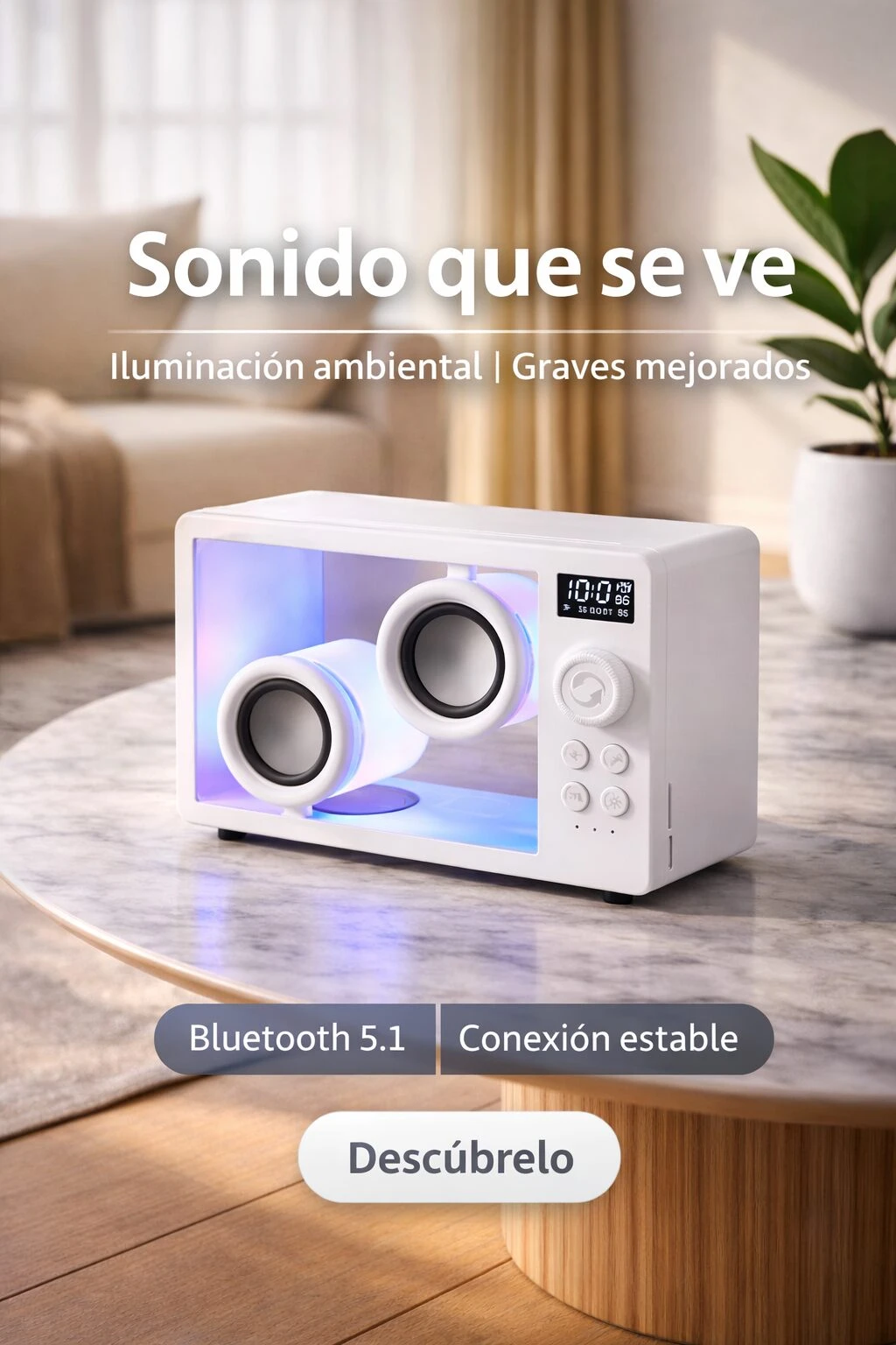 Altavoz portátil blanco con carcasa acrílica transparente, mostrando drivers internos y luces LED azules. Incluye pantalla digital y controles táctiles.
