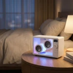 Altavoz portátil blanco con carcasa acrílica transparente, mostrando vibración de drivers internos en tiempo real, sobre mesa de noche en habitación iluminada.