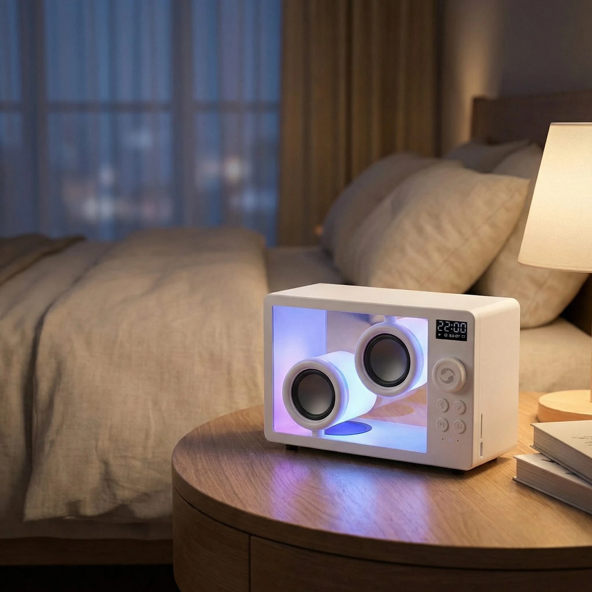 Altavoz portátil blanco con carcasa acrílica transparente, mostrando vibración de drivers internos en tiempo real, sobre mesa de noche en habitación iluminada.