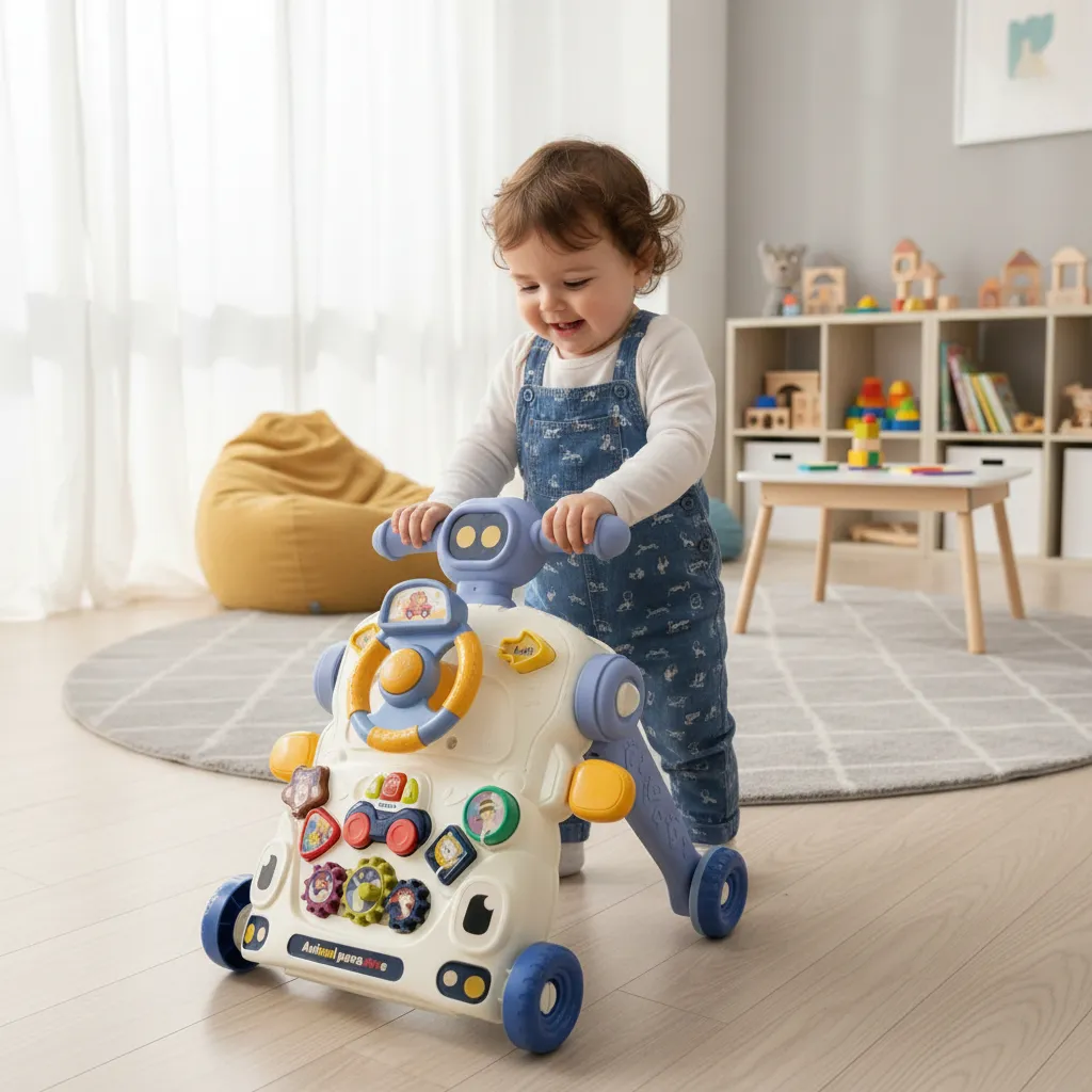 Niño usando andadera caminador Kidshop con mesa de actividades y robot, color azul y blanco, sobre suelo de madera en sala de juegos.