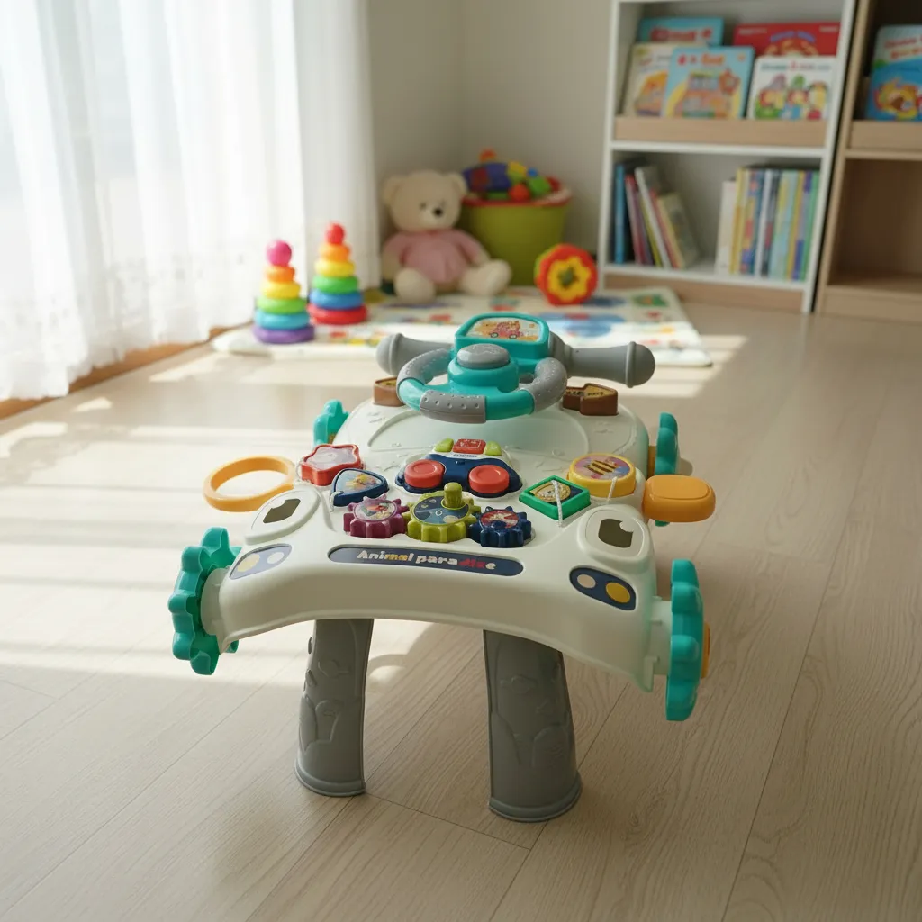 Andadera Kidshop con mesa de actividades en blanco, turquesa y gris, sobre piso de madera; incluye volante, botones, anillo giratorio y ruedas laterales.