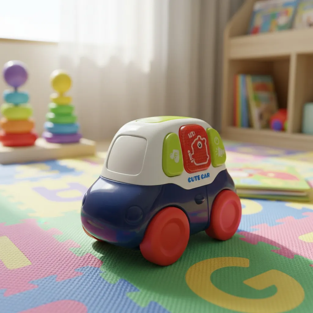 Carrito de juguete azul con ruedas rojas y detalles verdes, diseñado para niños pequeños, sobre alfombra de juego colorida en ambiente infantil.