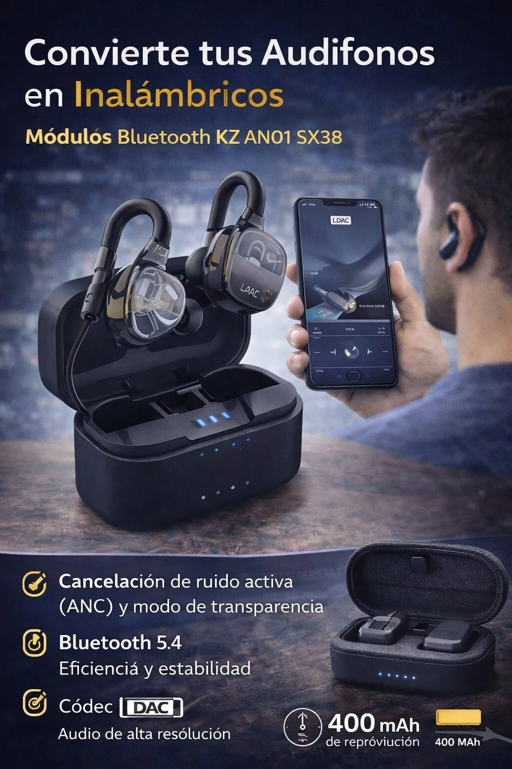 Adaptador Bluetooth 5.4 con estuche de carga negro, auriculares inalámbricos en interior abierto y pantalla de móvil mostrando conexión activa.
