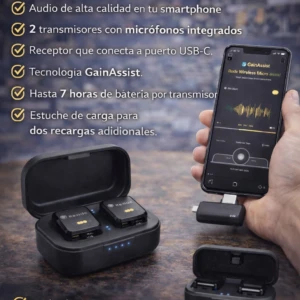 Micrófono inalámbrico Rode Wireless Micro SX33 en caja negra abierta con dos transmisores, receptor USB-C y estuche de carga; pantalla de smartphone mostrando grabación de audio.