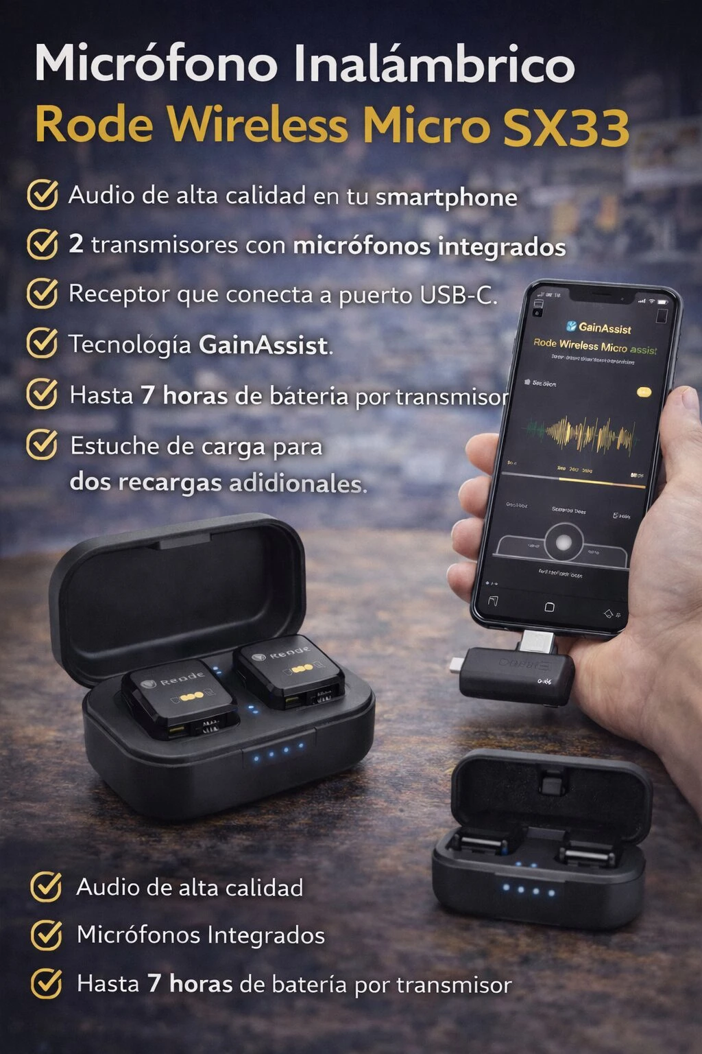 Micrófono inalámbrico Rode Wireless Micro SX33 en caja negra abierta con dos transmisores, receptor USB-C y estuche de carga; pantalla de smartphone mostrando grabación de audio.