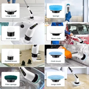 Cepillo eléctrico inalámbrico con nueve accesorios intercambiables: cepillos grandes y pequeños, esponjas, paños de lana y microfibra, y cabezales especializados para limpieza de superficies variadas.