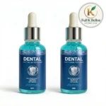 Kit de dos frascos de 30 ml de líquido dental azul con gotero, etiqueta que indica protección contra caries y nanopartículas, marca Full K Bellos.