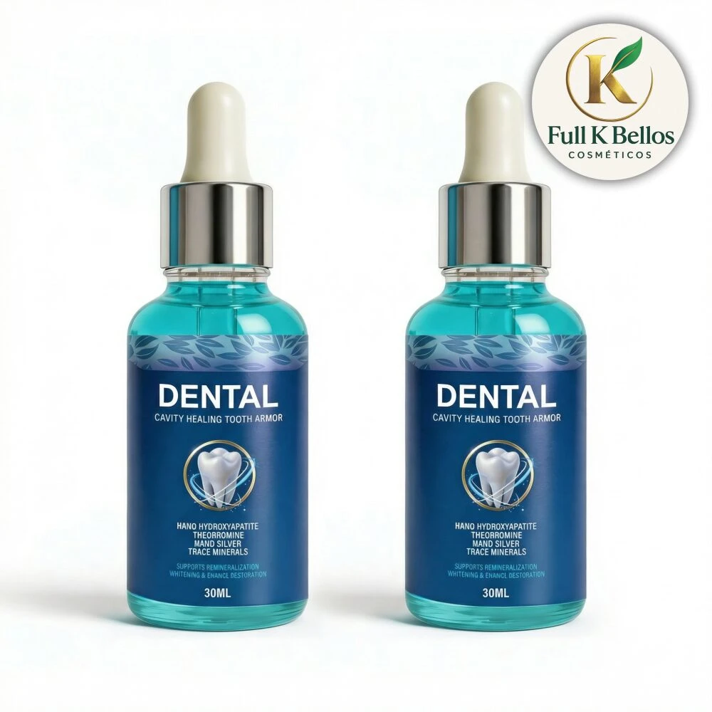 Kit de dos frascos de 30 ml de líquido dental azul con gotero, etiqueta que indica protección contra caries y nanopartículas, marca Full K Bellos.