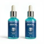 Kit de dos frascos de 30 ml de líquido dental azul con gotero, etiqueta que indica "Dental Cavity Healing Tooth Armor" y nanopartículas para protección diaria del esmalte.