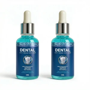 Kit de dos frascos de 30 ml de líquido dental azul con gotero, etiqueta que indica "Dental Cavity Healing Tooth Armor" y nanopartículas para protección diaria del esmalte.