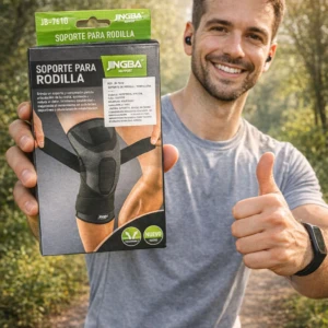 Hombre sonriente en sendero natural mostrando rodillera negra JINGBA JB-7610 en su empaque, con gesto de aprobación y pulgar arriba.