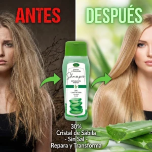 Shampoo Reparación Intensa con Cristales de Sábila, envase verde con etiqueta blanca y verde, mostrando antes y después del uso en cabello dañado y brillante.