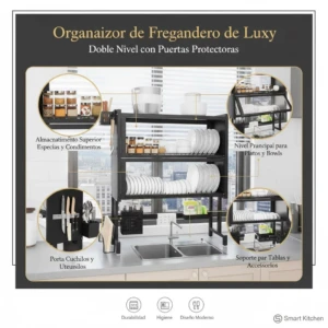 Escurridor de platos doble nivel en color negro, con puertas protectoras abatibles, estantes para platos, bowls, cubiertos y especias, montado sobre encimera de cocina con vista a ventana.