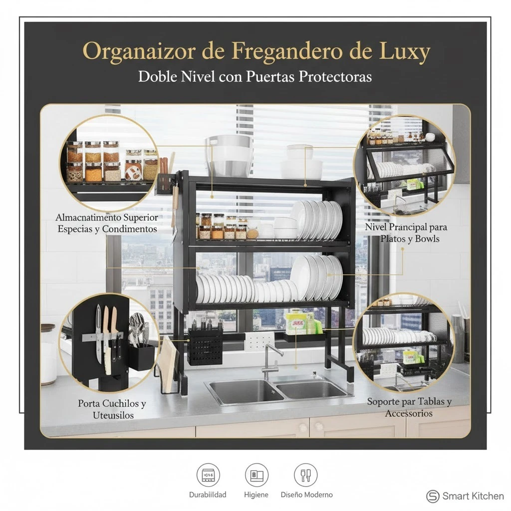 Escurridor de platos doble nivel en color negro, con puertas protectoras abatibles, estantes para platos, bowls, cubiertos y especias, montado sobre encimera de cocina con vista a ventana.