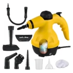 Pistola de vapor amarilla con accesorios para limpieza profunda en cocinas, baños y autos. Incluye boquillas, cepillo, embudo y filtro.