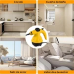 Pistola de vapor amarilla con mango ergonómico, mostrada en uso en cocina, baño, sala de estar y vehículo. Limpieza profunda sin químicos.