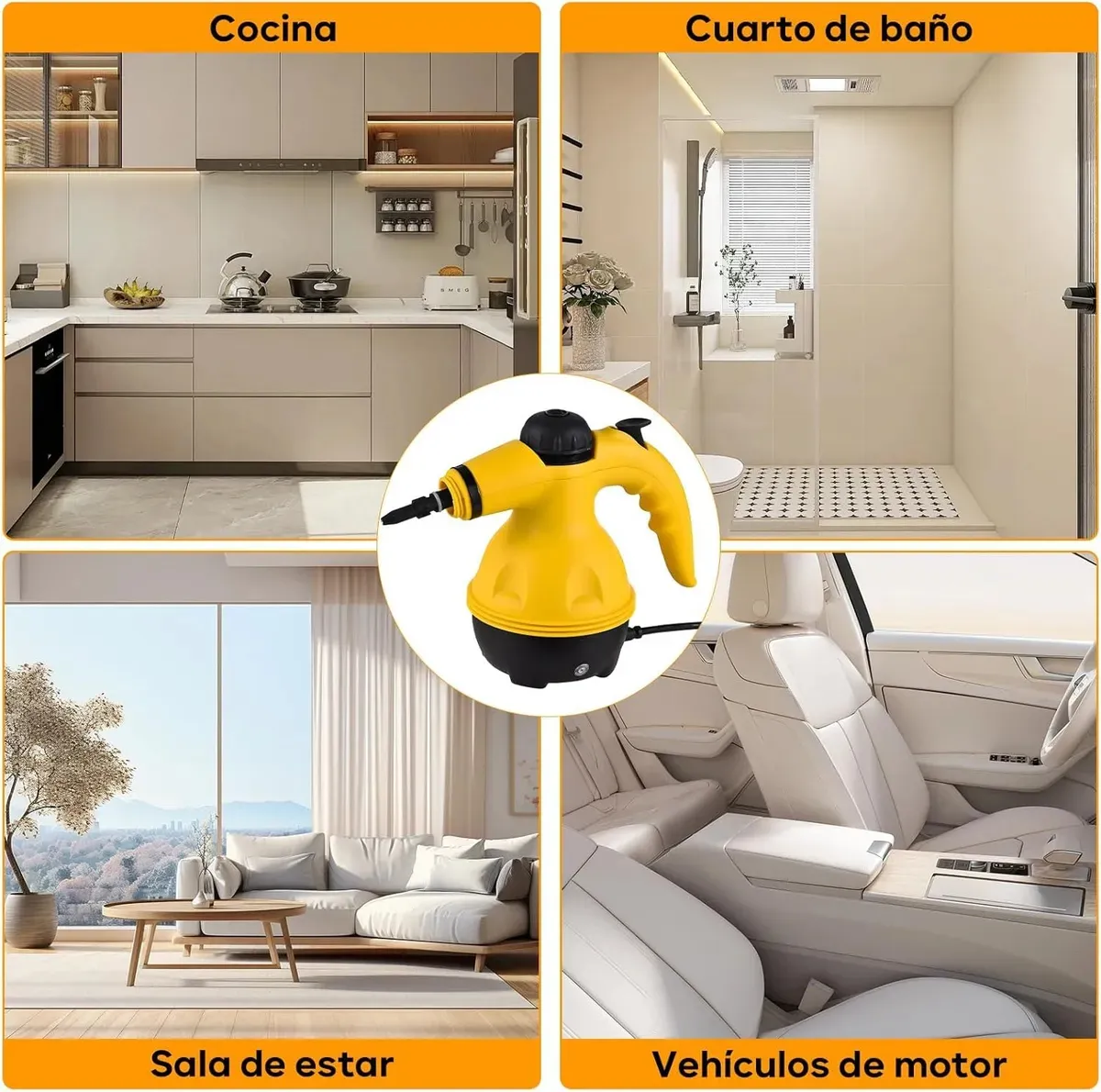 Pistola de vapor amarilla con mango ergonómico, mostrada en uso en cocina, baño, sala de estar y vehículo. Limpieza profunda sin químicos.