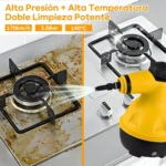 Pistola de vapor amarilla y negra en acción sobre estufa de gas sucia, mostrando limpieza profunda con chorro de vapor y texto destacado de 170 km/h, 3.5 bar y 140°C.