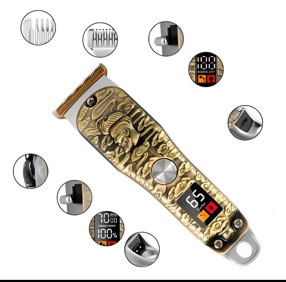 Cortadora de cabello WAER 2936 con diseño dorado grabado, pantalla LED y accesorios incluidos.