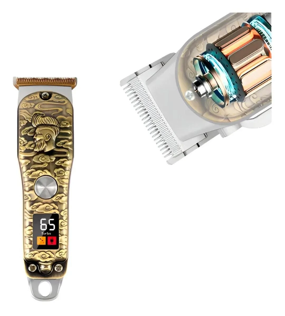 Cortadora de cabello WAER 2936 con diseño dorado grabado, pantalla LED mostrando velocidad 65, vista frontal y detalle del motor interno.