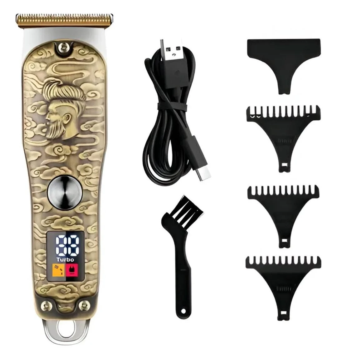 Cortadora de cabello WAER 2936 con diseño dorado grabado, pantalla LED, cable USB y cuatro peines negros.