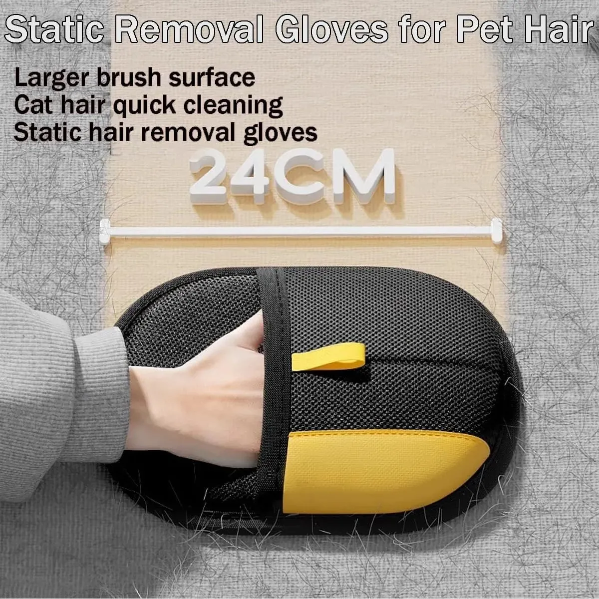 Guante negro con detalles amarillos para retirar pelo de mascotas, mostrando mano insertada en la abertura y medida de 24 cm visible en el fondo.