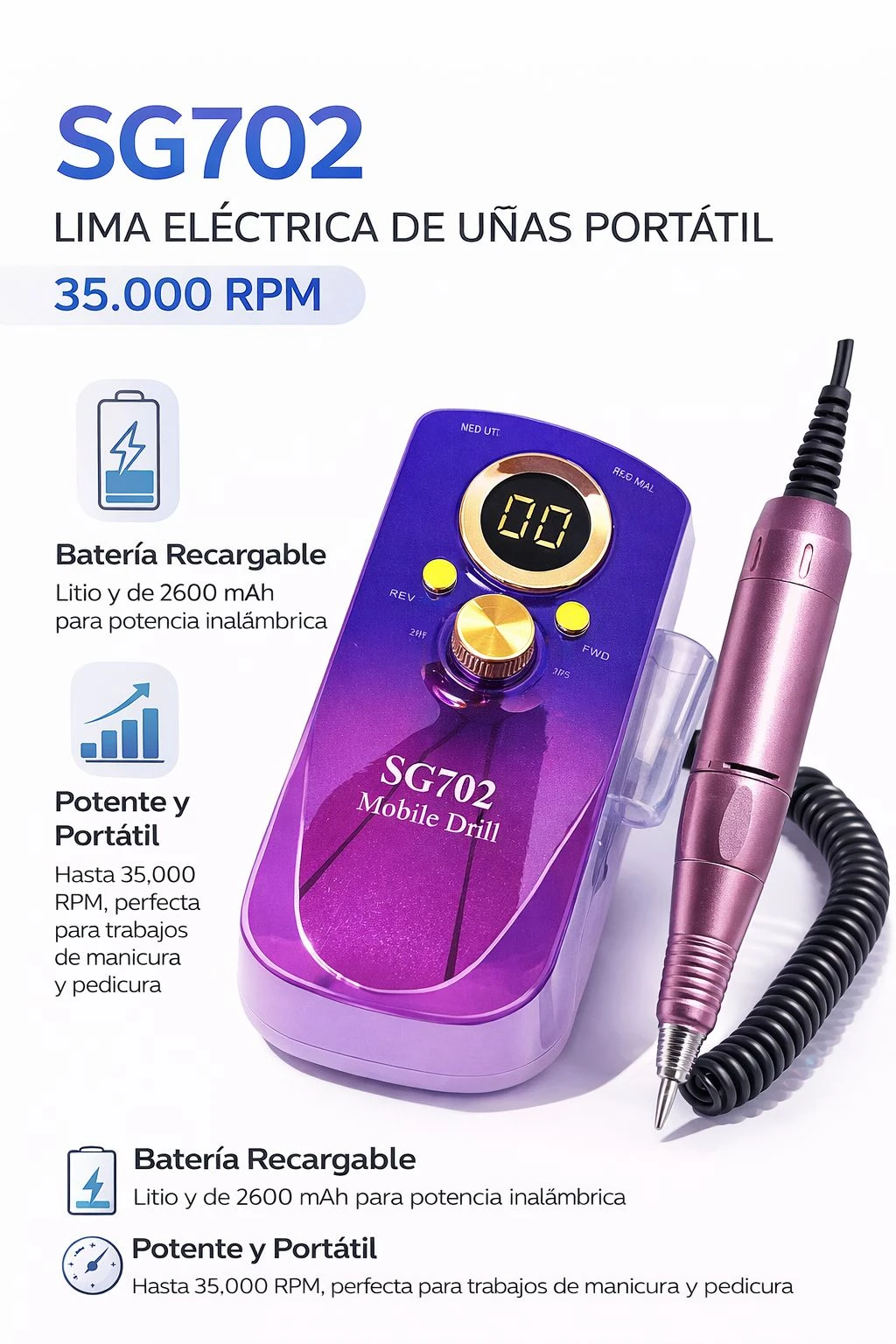 Lima eléctrica de uñas inalámbrica portátil SG702 - Prepara y pulido tus uñas con precisión y potencia en cualquier lugar