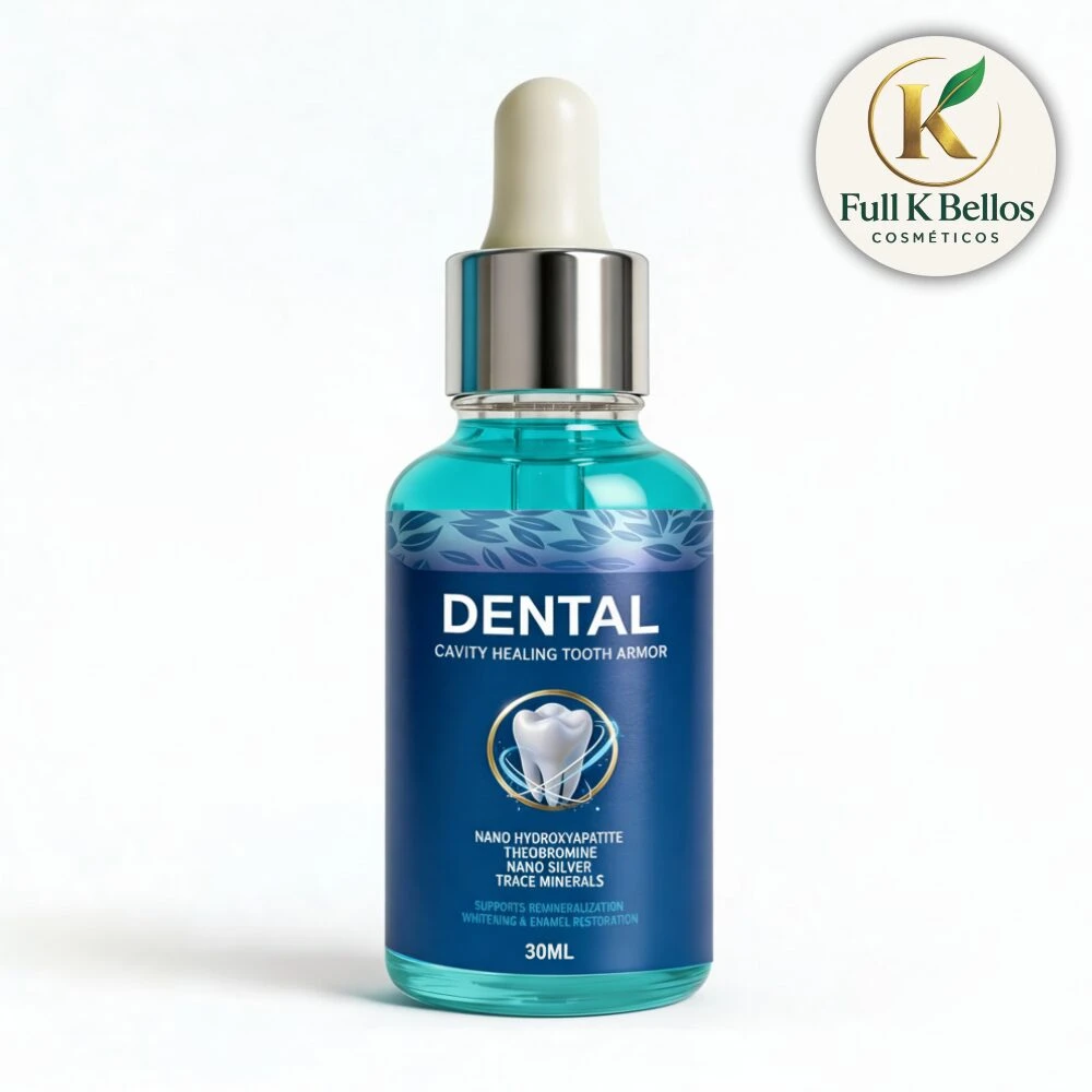 Bote de 30 ml de líquido dental azul con gotero, etiqueta que indica hidroxapatita y nano plata, marca Full K Bellos.
