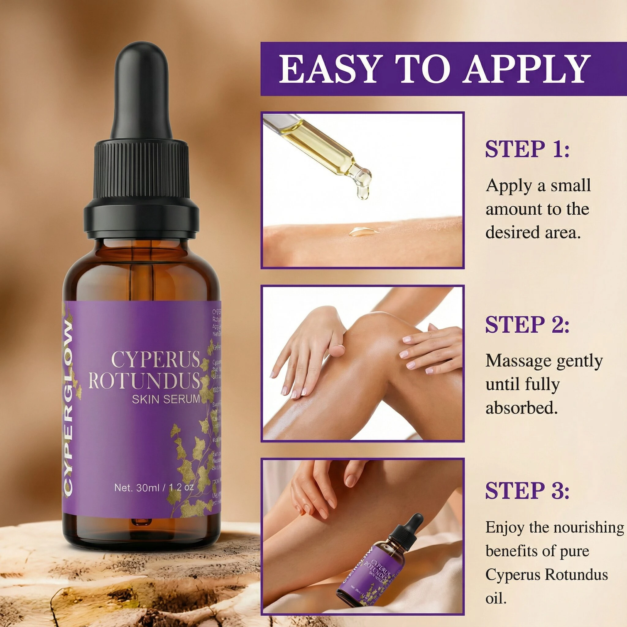 Bote de vidrio ámbar con gotero, etiqueta morada que dice "Cyperus Rotundus Skin Serum", 30 ml. Instrucciones visuales de aplicación en piel: gota, masaje y absorción.