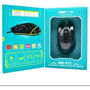 Mouse gamer Wb-915 en caja abierta, mostrando el producto negro con detalles amarillos y luces LED, junto a especificaciones técnicas y accesorios incluidos.
