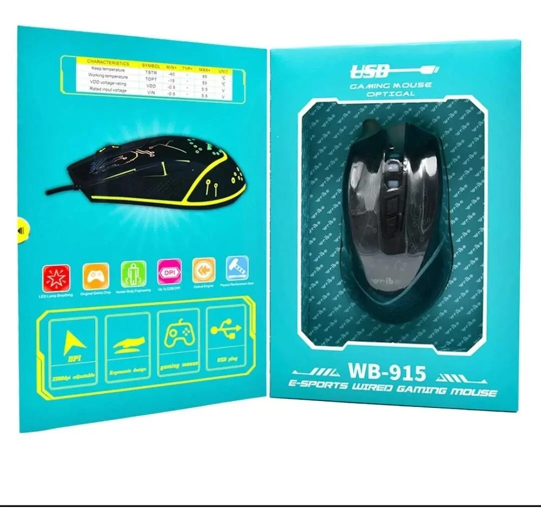 Mouse gamer Wb-915 en caja abierta, mostrando el producto negro con detalles amarillos y luces LED, junto a especificaciones técnicas y accesorios incluidos.