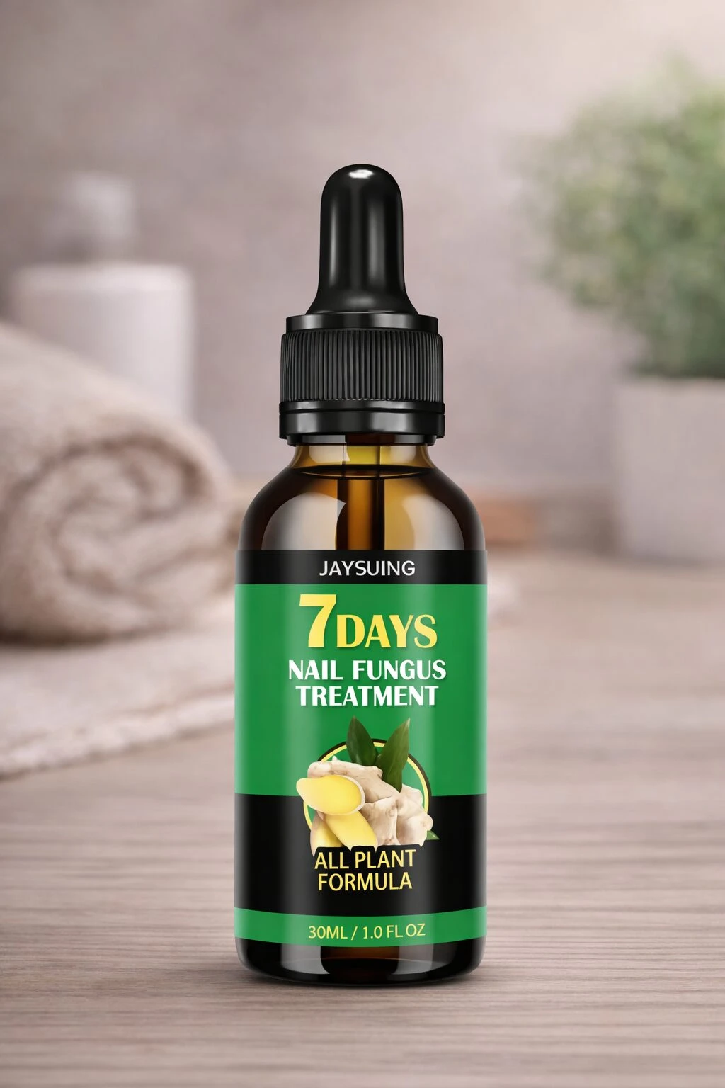 Bote de vidrio ámbar con gotero, etiqueta verde que muestra tratamiento para hongos en uñas, fórmula 100% natural, 30 ml.