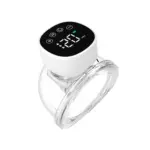 Extractor de leche eléctrico portátil MY-376, color blanco con pantalla digital negra mostrando tiempo en minutos y controles táctiles, diseñado para uso discreto bajo la ropa.