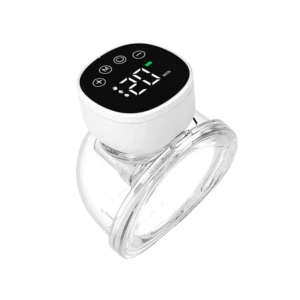 Extractor de leche eléctrico portátil MY-376, color blanco con pantalla digital negra mostrando tiempo en minutos y controles táctiles, diseñado para uso discreto bajo la ropa.