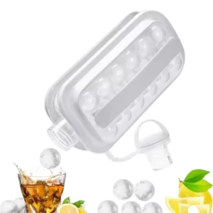 Hielera portátil transparente con esferas de hielo, dispensador integrado y botella de vidrio con bebida y rodajas de limón.