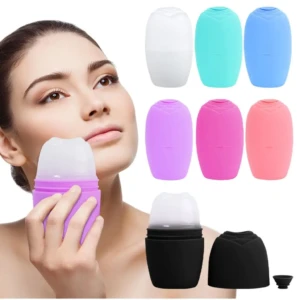 Mujer aplicando molde de silicona ergonómico en rostro; incluye seis colores y dos unidades con tapa removible.