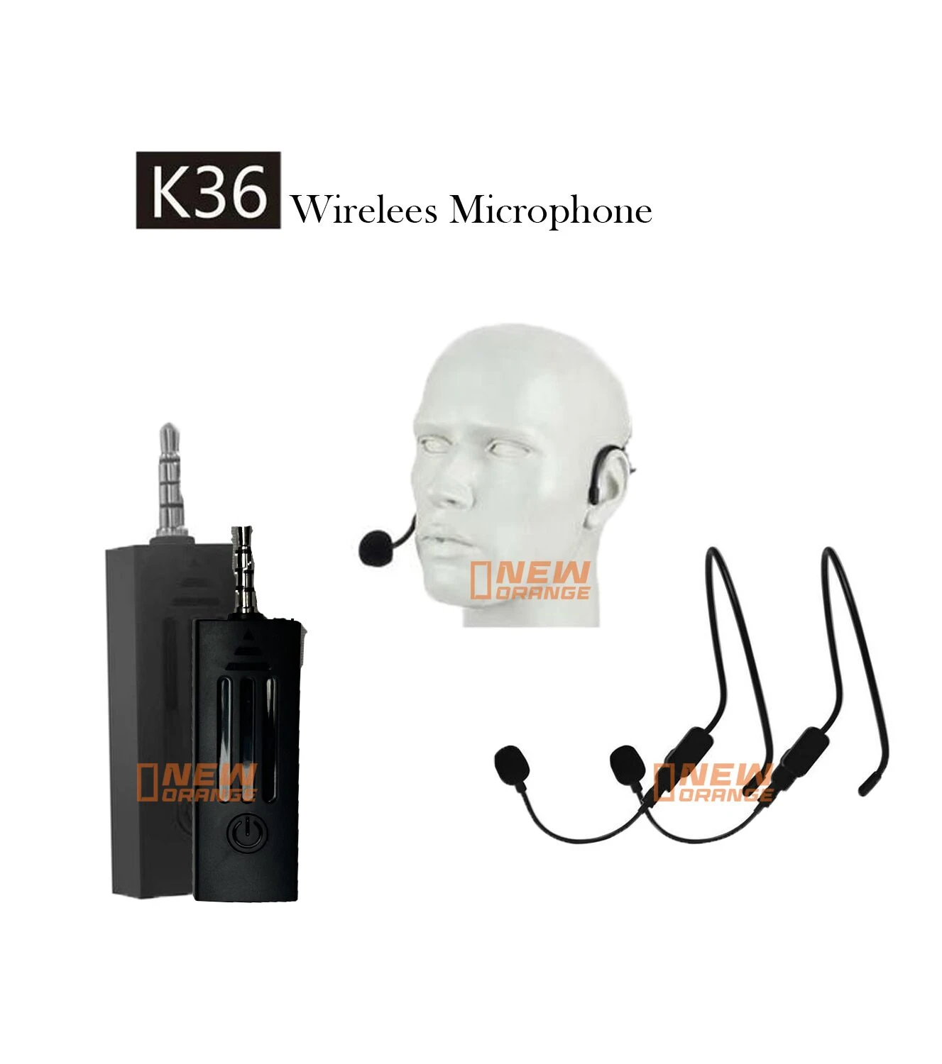 Micrófono solapa inalámbrico K36 en color negro, con diadema ergonómica y auriculares, mostrado junto a su base de carga y maniquí de demostración.