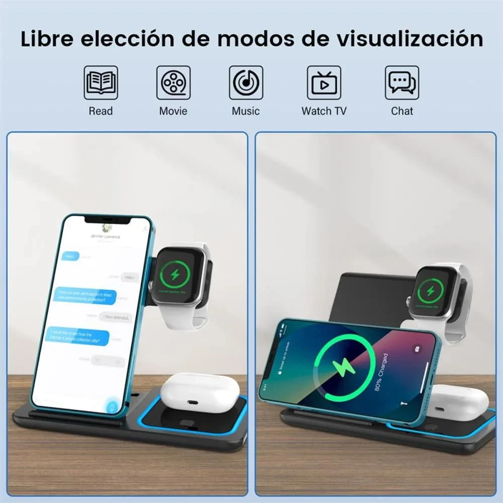 Cargador Inalámbrico 3 en 1 para Celular Reloj y Auriculares - Carga tus tres dispositivos simultáneamente sin cables