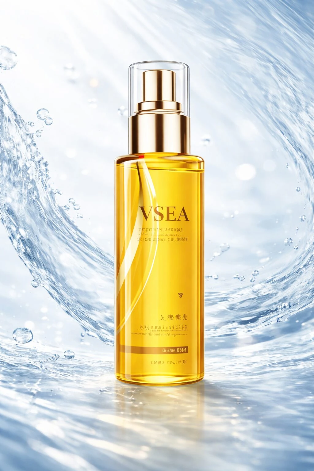 Serum Vsea para cabello en presentación de 150 ml, con envase transparente y tapa dorada, sobre fondo de agua en movimiento.