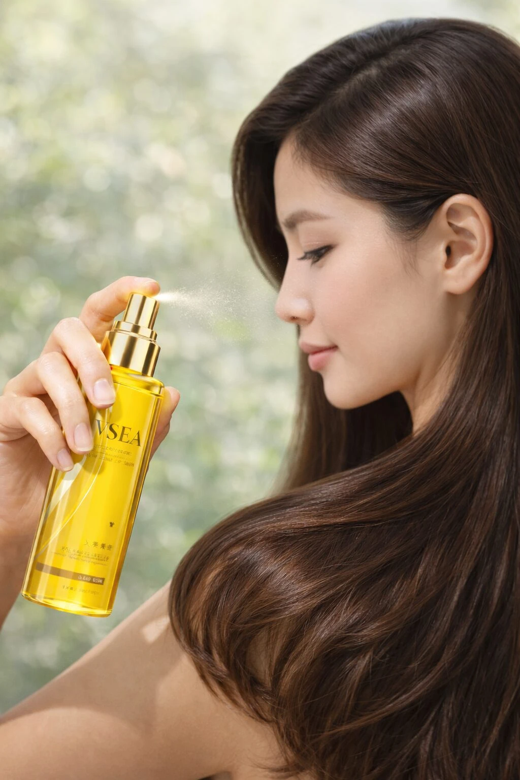Mujer aplicando serum Vsea dorado en cabello largo y brillante, con botella transparente y dorada en mano, fondo natural difuminado.