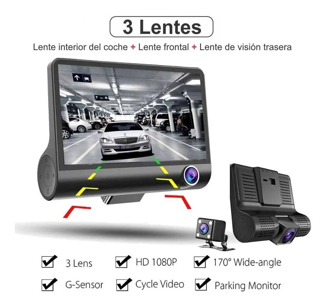 Cámara DVR para automóvil con pantalla integrada, tres lentes y grabación 1080p. Muestra vista frontal, trasera e interior del vehículo.