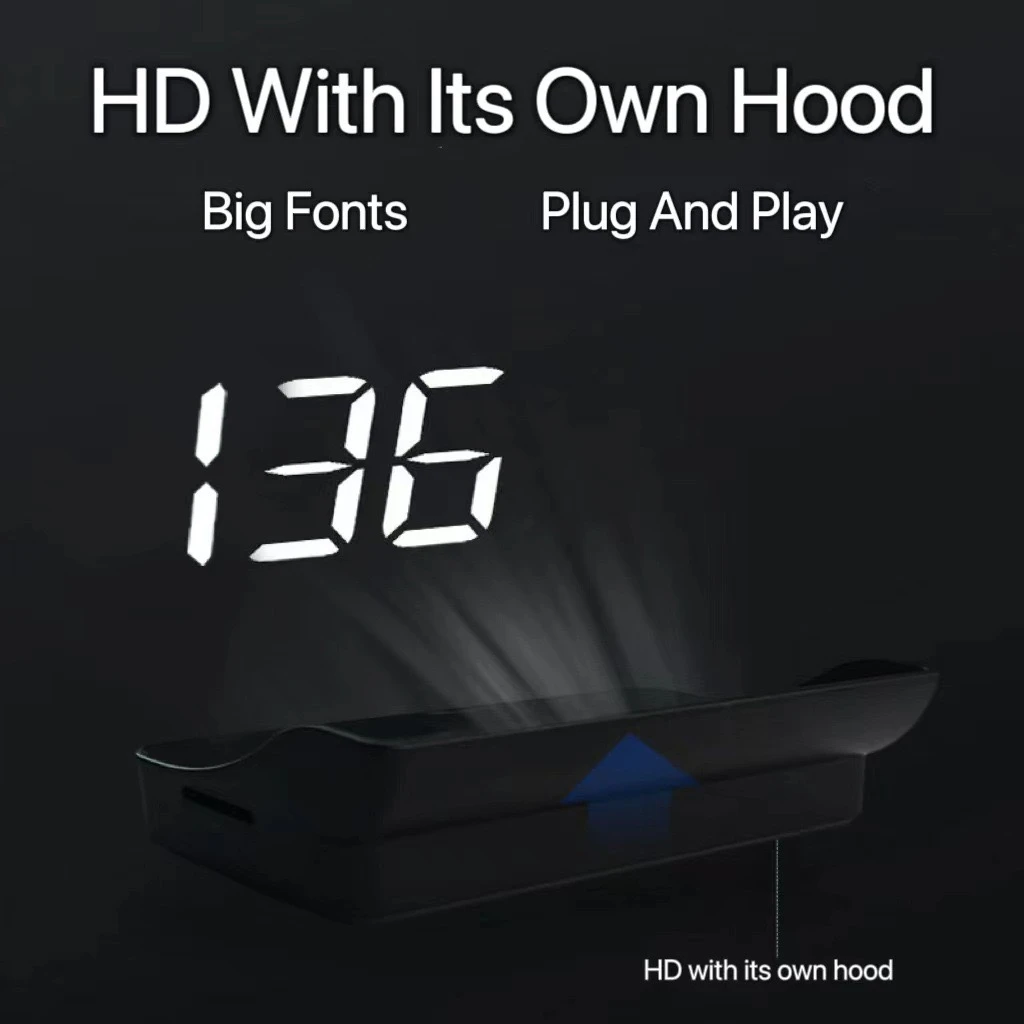Proyector de velocidad digital LED con pantalla grande, muestra lectura de 136 km/h, diseño compacto negro, ideal para montaje en parabrisas.