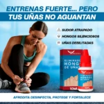 Bote de 10 ml de Eliminador de Hongos en Uñas Afrodita, con etiqueta roja y blanca, junto a su caja. Muestra uñas sanas y texto que indica desinfección y fortalecimiento.