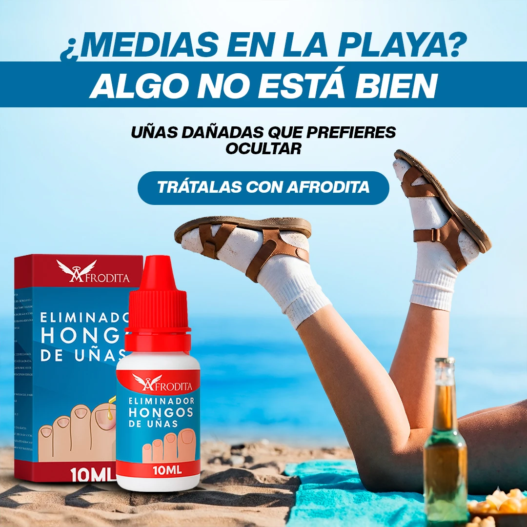 Bote de Eliminador de Hongos en Uñas Afrodita de 10 ml junto a su caja, sobre arena con fondo marino; piernas con calcetines blancos y sandalias, botella de vidrio y toalla azul.